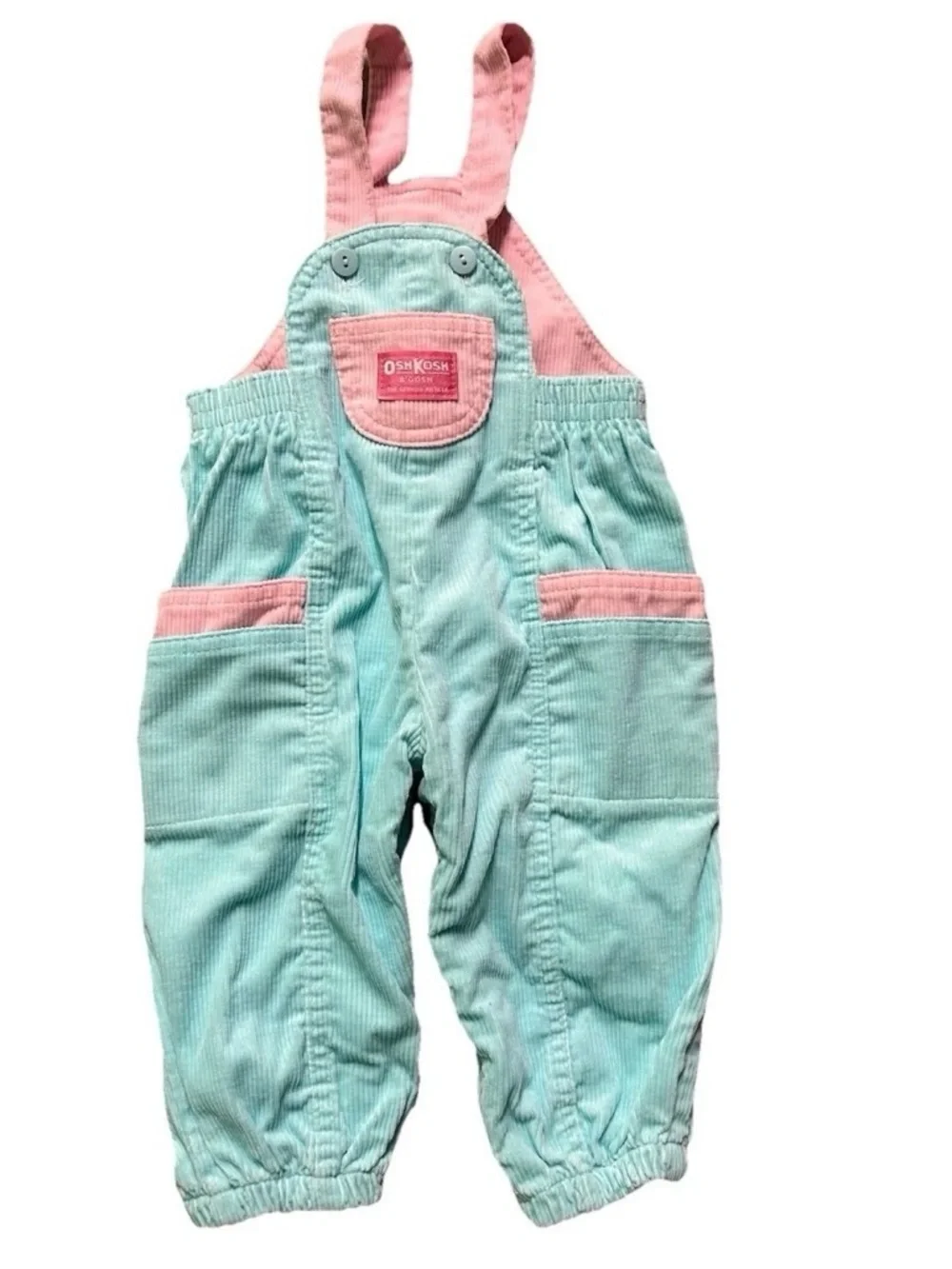 Vintage Oshkosh Toddler Girl Pink Blue Corduroy Overalls Size 24 Months VGUC